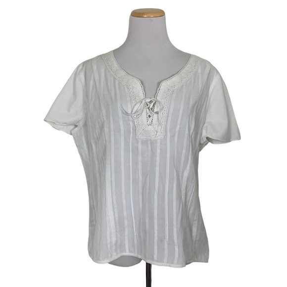 J Jill Cotton Crochet Lace Up Front Boho Short Sleeve Shirt Women’s 16 White - Picture 1 of 17